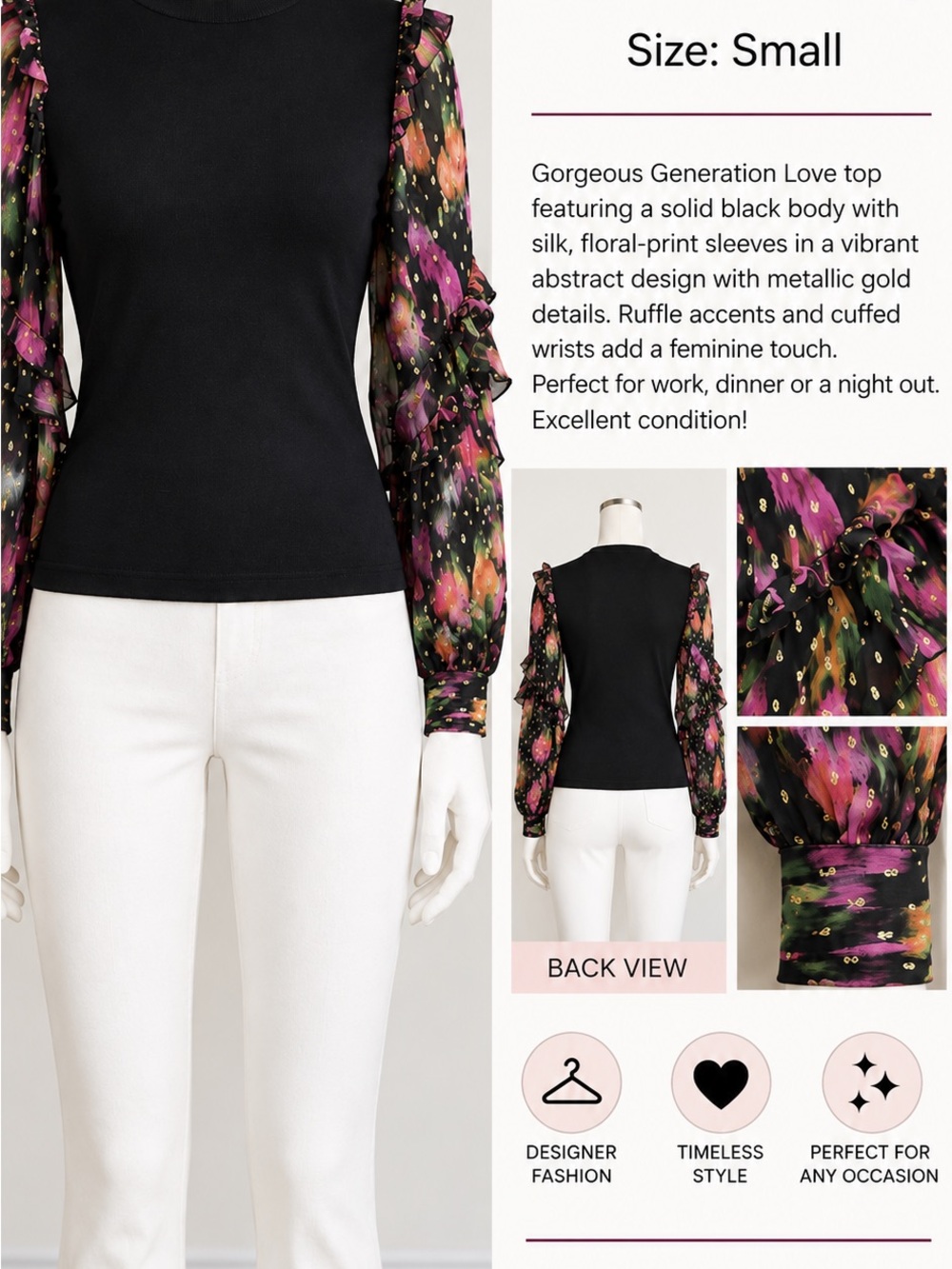 Generation Love Black Top with Floral Metallic-Speckled Puff Sleeves